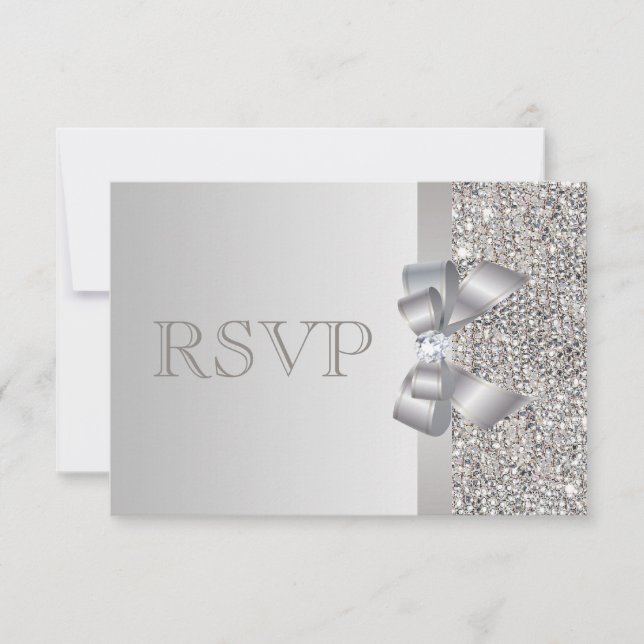 銀製のスパンコール、弓及びダイヤモンドRSVPの結婚式 出欠カード (正面)