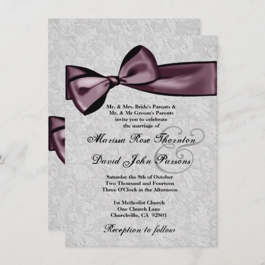 銀製のダマスク織および紫色のプラム弓結婚式 招待状 (正面/裏面)