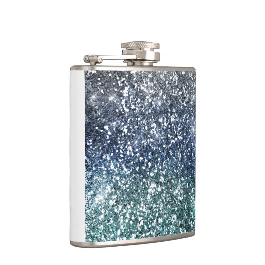 銀製のティール(緑がかった色)の青いグリッターの一見 フラスク (右)