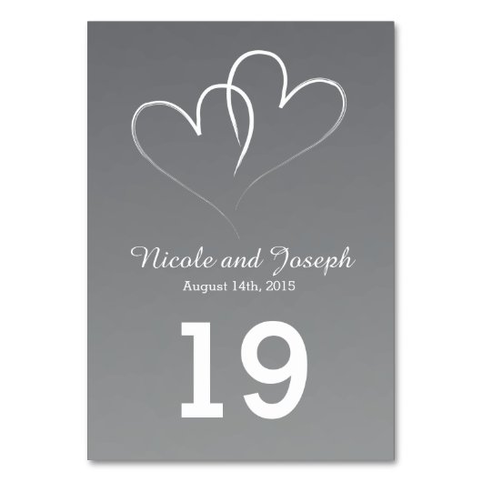 銀製のテーブルカード-絡み合う2つの白いハート テーブルナンバー (正面)