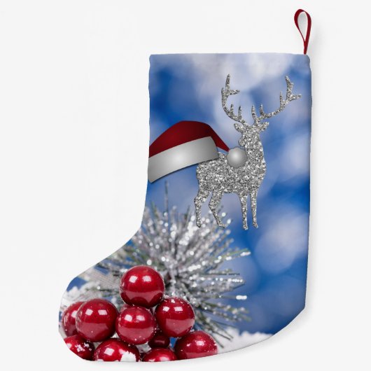 銀製のトナカイのサンタの帽子の青の《写真》ぼけ味 スモールクリスマスストッキング (裏面)