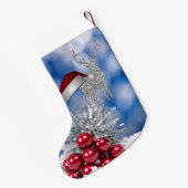 銀製のトナカイのサンタの帽子の青の《写真》ぼけ味 スモールクリスマスストッキング (裏面 (吊り時))