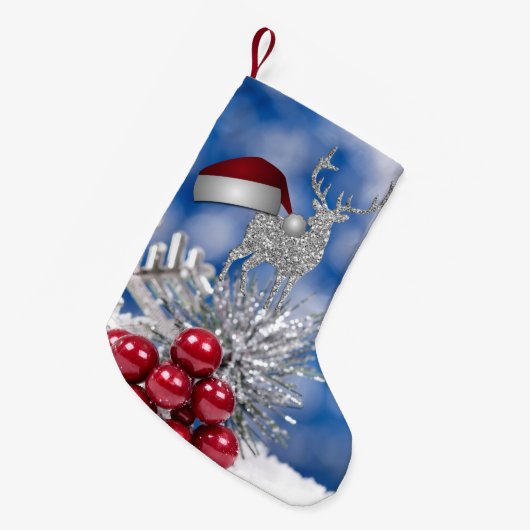 銀製のトナカイのサンタの帽子の青の《写真》ぼけ味 スモールクリスマスストッキング (正面 (吊り時))