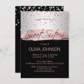 銀製のピンクのバラの金ゴールドホイルの黒のSWEET SIXTEEN 16 招待状 (正面/裏面)