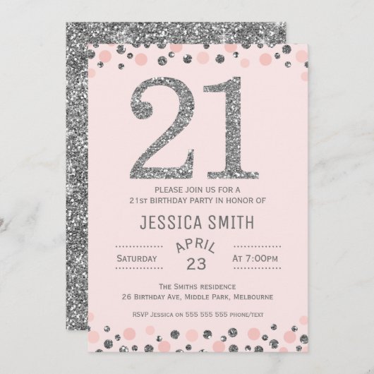 銀製のフェイクな銀の第21誕生日のパーティの招待状 招待状 (正面/裏面)