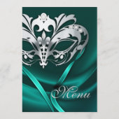 銀製の仮面舞踏会のティール(緑がかった色)の宝石の結婚式メニュー メニュー (裏面)