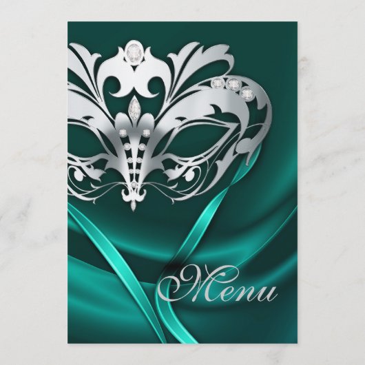 銀製の仮面舞踏会のティール（緑がかった色）の宝石の結婚式メニュー メニュー (裏面)