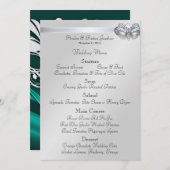 銀製の仮面舞踏会のティール(緑がかった色)の宝石の結婚式メニュー メニュー (正面/裏面)