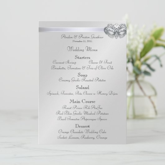 銀製の仮面舞踏会のティール(緑がかった色)の宝石の結婚式メニュー メニュー (スタンド正面)