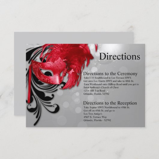 銀製の仮面舞踏会のマスクの3x5方向カード赤 エンクロージャーカード (正面/裏面)