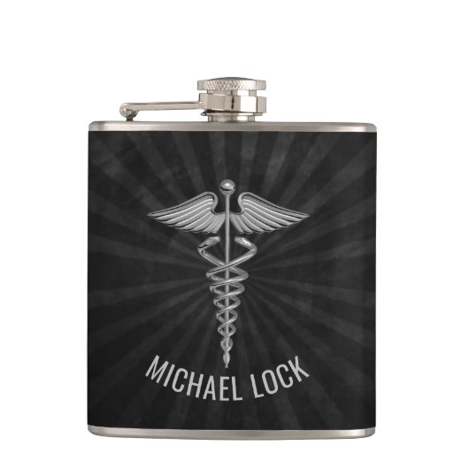 銀製の医学の記号のパーソナライズなナースの医者 フラスク (正面)