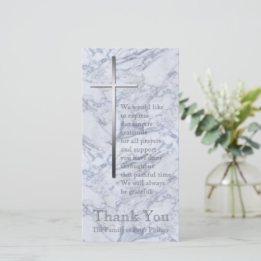 銀製の十字の大理石2の悔やみや弔慰は感謝していしています サンキューカード (スタンド正面)