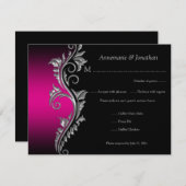 銀製の渦巻RSVPとピンクそして黒いヴィンテージ 出欠カード (正面/裏面)