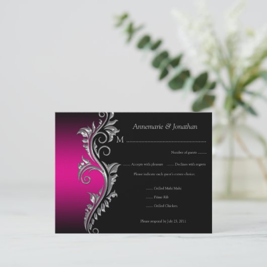 銀製の渦巻RSVPとピンクそして黒いヴィンテージ 出欠カード (スタンド正面)