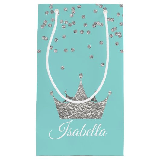銀製の王冠の小さいギフトバッグが付いているロビン卵の青 スモールペーパーバッグ (正面)
