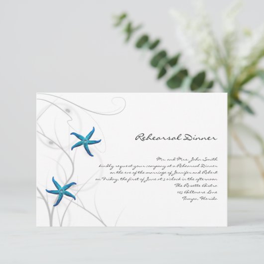 銀製の珊瑚の結婚式のリハーサルを用いる青いヒトデ 招待状 (スタンド正面)