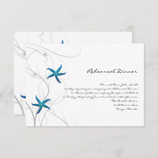 銀製の珊瑚の結婚式のリハーサルを用いる青いヒトデ 招待状 (正面/裏面)