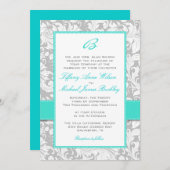 銀製の白いダマスク織のターコイズの結婚式招待状 招待状 (正面/裏面)