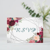 銀製の紙吹雪とのバーガンディのモダンな花柄 出欠カード (スタンド正面)