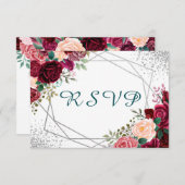 銀製の紙吹雪とのバーガンディのモダンな花柄 出欠カード (正面/裏面)