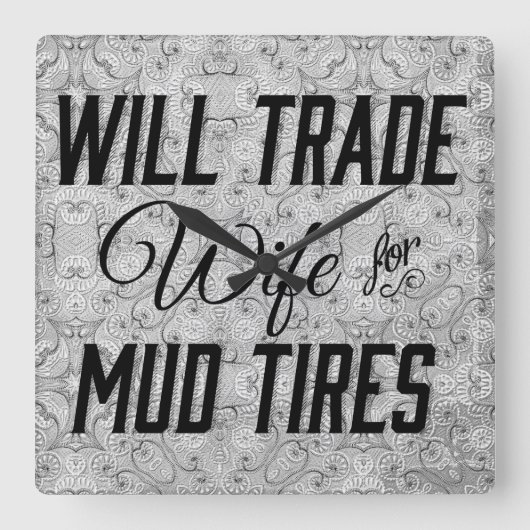 銀製の背景の泥のタイヤのために妻を交換します スクエア壁時計 (正面)