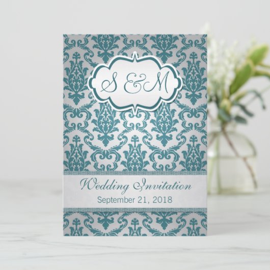 銀製の背景の結婚式のティール（緑がかった色）のダマスク織 招待状 (スタンド正面)