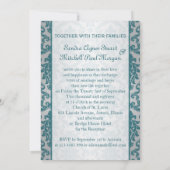 銀製の背景の結婚式のティール(緑がかった色)のダマスク織 招待状 (裏面)