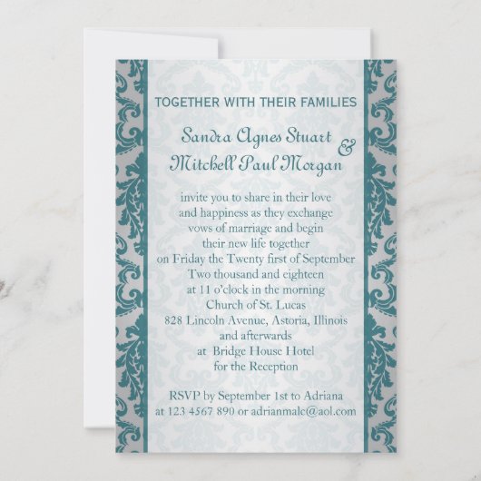 銀製の背景の結婚式のティール(緑がかった色)のダマスク織 招待状 (裏面)