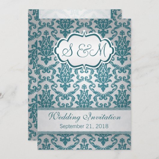 銀製の背景の結婚式のティール(緑がかった色)のダマスク織 招待状 (正面/裏面)