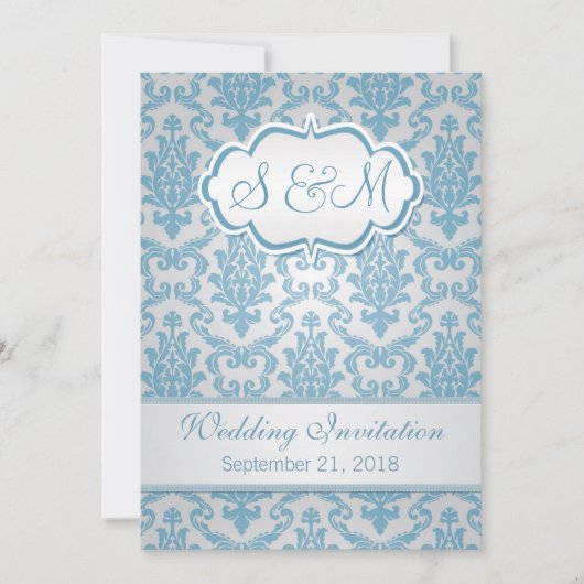 銀製の背景の結婚式の淡いブルーのダマスク織 招待状 (正面)