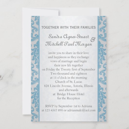 銀製の背景の結婚式の淡いブルーのダマスク織 招待状 (裏面)