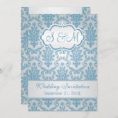 銀製の背景の結婚式の淡いブルーのダマスク織 招待状 (正面/裏面)