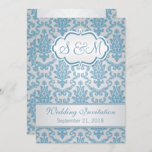 銀製の背景の結婚式の淡いブルーのダマスク織 招待状 (正面/裏面)