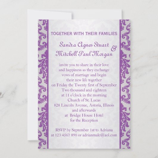 銀製の背景の結婚式の紫色のダマスク織 招待状 (裏面)