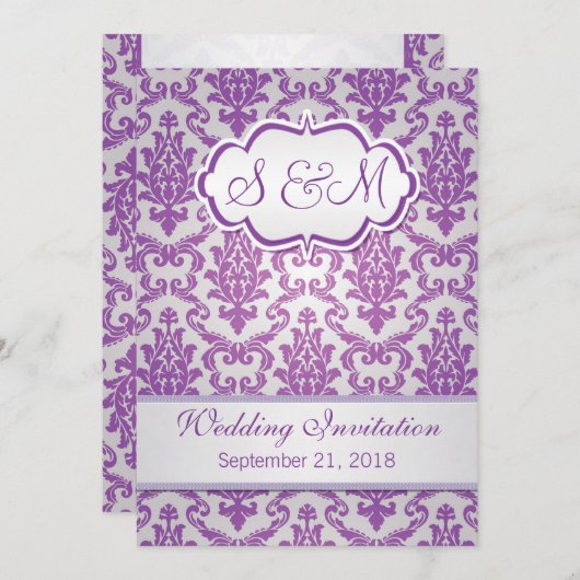 銀製の背景の結婚式の紫色のダマスク織 招待状 (正面/裏面)