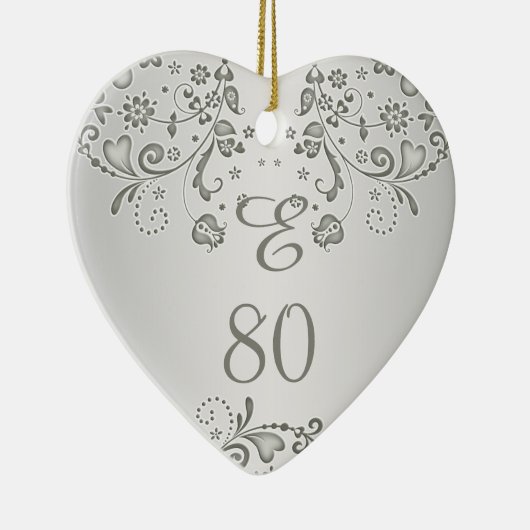 銀製の花柄の渦巻の第80誕生日のハートのオーナメント セラミックオーナメント (右)
