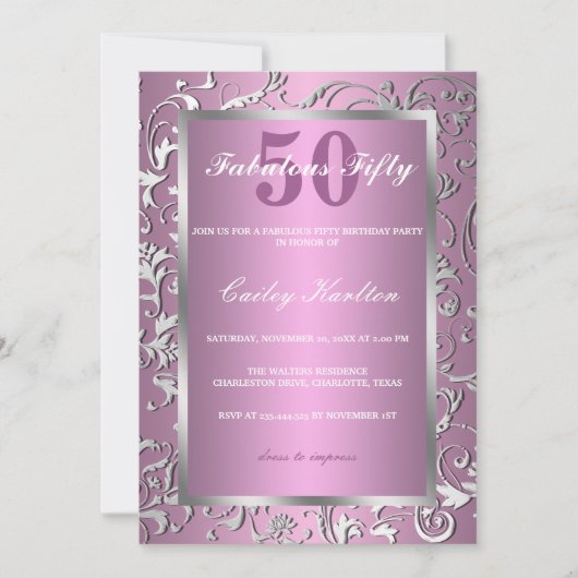 銀製の華麗さ華美なパターンピンクすばらしい50 招待状 (正面)