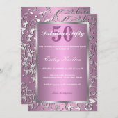 銀製の華麗さ華美なパターンピンクすばらしい50 招待状 (正面/裏面)