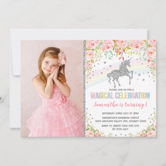 銀製の虹のユニコーンのピンクの花柄の誕生日 招待状 (正面)
