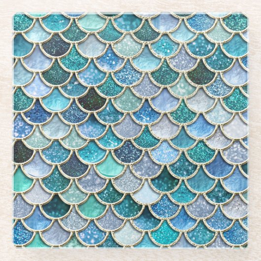 銀製の輝きのグリッターの人魚のスケール ガラスコースター (正面)