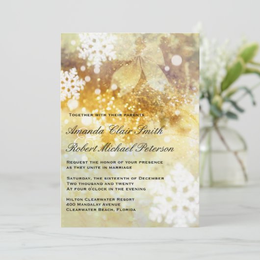 銀製の金ゴールドの雪片のクリスマスの結婚式の招待 招待状 (スタンド正面)