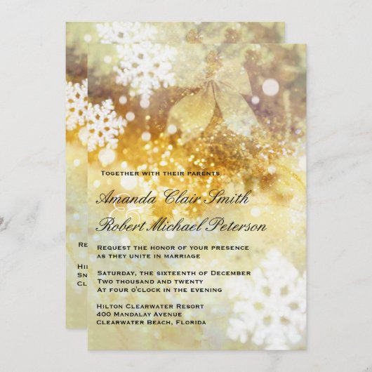 銀製の金ゴールドの雪片のクリスマスの結婚式の招待 招待状 (正面/裏面)