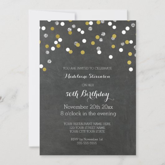 銀製の金ゴールドの黒板の紙吹雪の第50誕生日 招待状 (裏面)