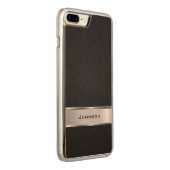 銀製の金属のラベルとのエレガントで黒いレザールック CarvedウッドiPhoneケース (右)