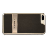 銀製の金属のラベルとのエレガントで黒いレザールック CarvedウッドiPhoneケース (裏面(横))