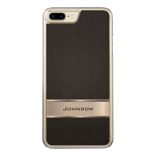 銀製の金属のラベルとのエレガントで黒いレザールック CarvedウッドiPhoneケース (裏面)