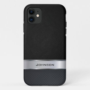 銀製の金属のラベルとのエレガントで黒いレザールック iPhone 11 ケース