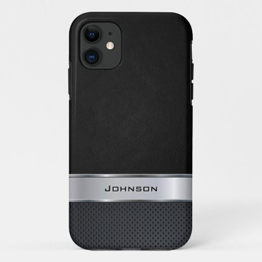 銀製の金属のラベルとのエレガントで黒いレザールック Case-Mate iPhoneケース (裏面)