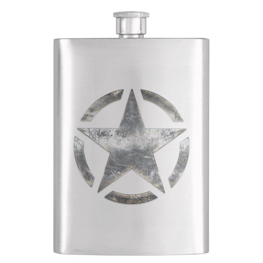 銀製の鋼鉄スタイルの星のステンシルヴィンテージ フラスク (正面)