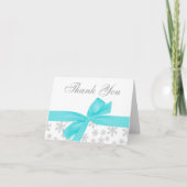 銀製の雪片のティール（緑がかった色）の弓は感謝していしています サンキューカード (正面)